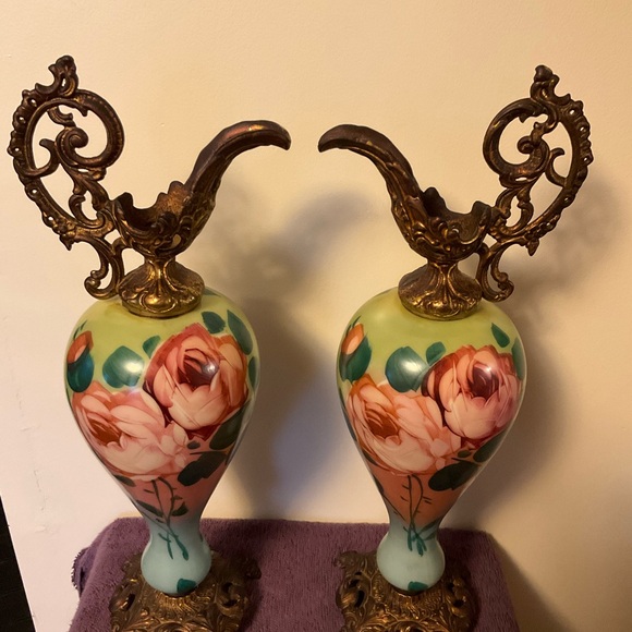2 Rare Antique Victorian Porcelain and brass Mantle Ewers 1800-1849